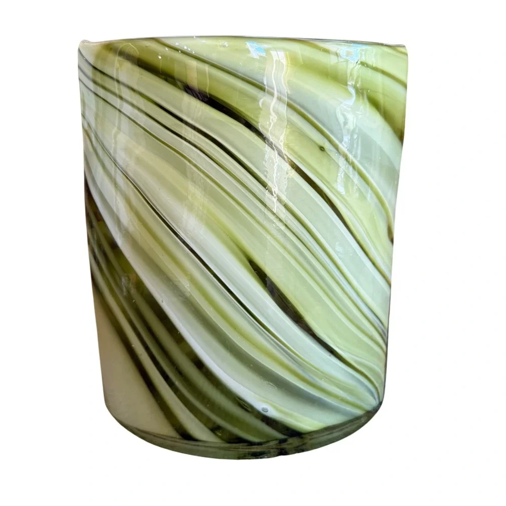 Vintage Art Glass Vase Oval Avocado Green Swirl MCM Mid‎ Century Modern Decor